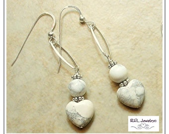 White Heart Earrings, Crown Chakra Stone Earrings, Howlite Dangles, Valentine Earrings - E2015-02
