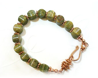 Green Rainforest Jasper Bracelet, Heart Chakra Chunky Bracelet, Copper Hook Clasp