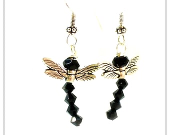 Dragonfly Earrings, Black Dainty Crystal Silver Dangle Earrings, Spirit Animal - E0902-17