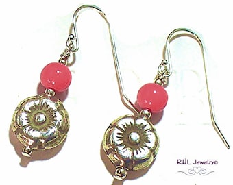 Flower Earrings, Pink Floral Short Earrings, Silver Beaded Earrings - E2019-14
