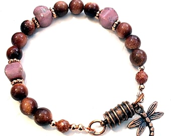 Pink Rhodonite Bracelet, Heart Chakra Goldstone Jewelry, Copper Dragonfly Charm - B2022-05