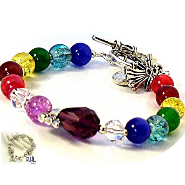 Angel Bracelet with Crystals and Charms, Seven Chakra Colors  - B2013-08