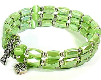 Green Magnetic Memory Wire Bracelet, Celtic Knot & Angel Charms - MB2015-06