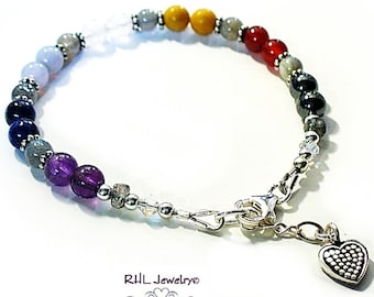 Seven Chakra Gemstone Bracelet, Silver Duo Gemstone Heart Charm & Clasp - B2013-23A