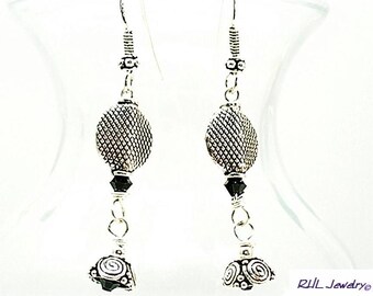 Black Crystal Earrings, Long Bali Silver Dangles, Dressy Formal Drops  - E0808-03