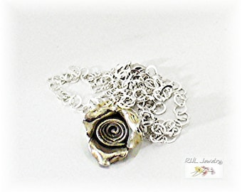 Bali Silver Rose Pendant Necklace - Sterling Silver Chain