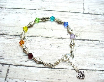 Ornate Sterling Silver Bracelet, Chakra Crystal Colors, Lobster Clasp & Charm