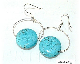 Turquoise Hoop Earrings, Southwest Silver and Turquoise Earrings, Sterling Silver Earrings