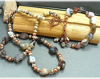 Chunky Stone Necklace & Bracelet, Banded Agate and Copper Matching Set - S2018-06