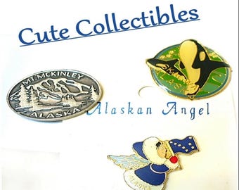 Alaska Travel Souveniers, Alaskan Collectible Pins, Mt. McKinley, Skagway, Indigenous Angel Memorabilia - V25