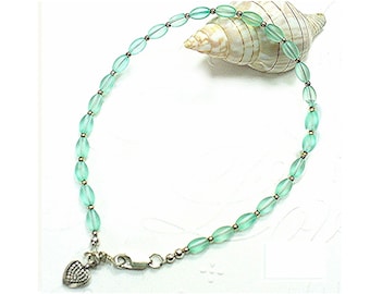 Dainty Pastel Green Ankle Bracelet, Average Size, Sterling Silver Clasp - AB2012-04