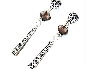 Celtic Braid Earrings with Brown Bronzite Rondells, Gaelic Knot Post Dangles - E2018-2
