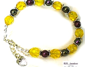 Yellow Crystal Pearl Bracelet, Heart Charm, Sterling Lobster Clasp B2021-10