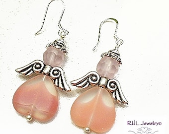 Pink Angel Earrings, Dusty Rose Dangles, Sterling Silver Hooks - E2012-29