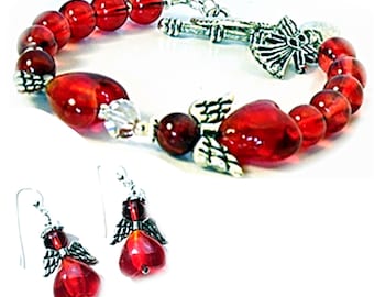 Beaded Angel Red Bracelet & Earrings, Red Lampwork Car Suncatcher | B2013-02-E01