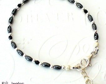 Black Hematite Dainty Bracelet, Root Chakra, Silver Heart Charm, B2021-04