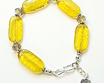 Golden Yellow Bracelet, Vintage Citron Crystals, Silver Heart Charm - B2016-12