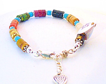 Seven Chakra Heishi Bracelet, Mixed Stone and Silver Southwest Style - B0911-21A