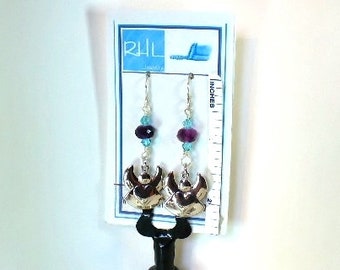 Angel Earrings, Silver Angel Dangles, Purple Crystal and Silver Earrings