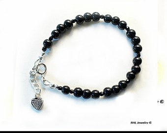 Black Onyx Bracelet, Root Chakra, Sterling Silver Clasp & Charm