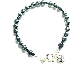 Black Hematite Bracelet, Root Chakra Stone Bracelet, Black and Sterling Bracelet, Silver Heart Charm - B2013-24A