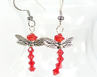 Red Crystal Earrings, Dragonfly Spirit Animal Dangles - E0902-18A