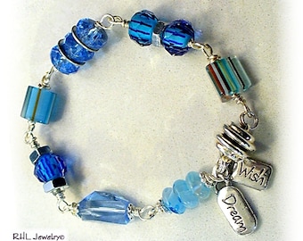 Ladies Industrial Furnace Glass Blue Bracelet, Cerulean Blue Bracelet, Dream Wish Charms - B 2013-13
