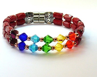 Lipstick Red Magnetic Bracelet, Seven Chakra Crystal Double Bracelet, Red Hat Society