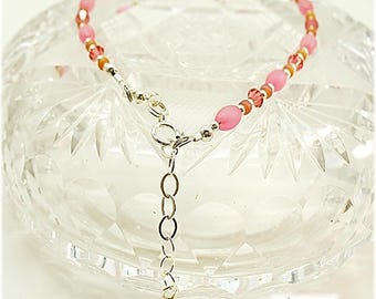 Pink Beaded Ankle Bracelet, Dainty 10.5" Summer Jewelry for Ladies -