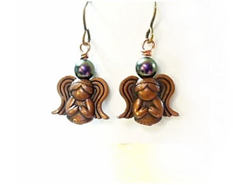 Short Angel Earrings, Copper Purple Crystal Dangles, Niobium Ear Wires s -E2022-03