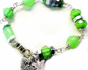 Green Upcycled Hardware Bracelet, Furnace Glass Beads, Angel Dragonfly Charms