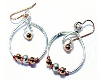 Mixed Metal Hoop Earrings, Silver Copper Ornate Dangles - E2018-06
