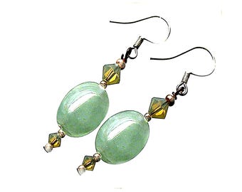 Teal Amazonite Earrings, Puffed Oval Dangles with Sterling French Hooks - E2012-13