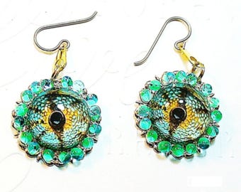 Dragon Eye Earrings, Blue Green Lizard Cabochons - 1.5-Inch Gold-Plated Ear Wires - E3017-05