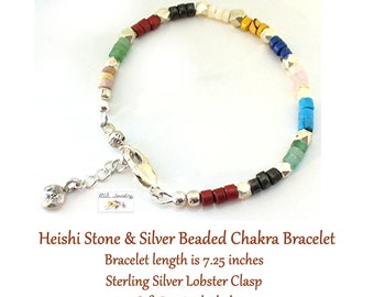 Silver Heishi Stone Beaded Chakra Bracelet, Hill Tribe Silver Nuggets Bracelet for Women