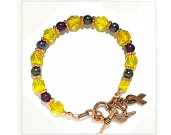Yellow Beaded Bracelet, Crystal Copper, Bird Charm, Awareness Ribbon B2021 -09
