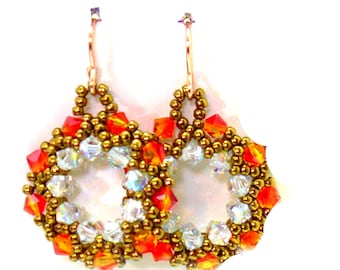 Sunset Glow Crystal Earrings - Orange Dangling Rounds with Rose Gold Hooks - E2019-15