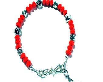 Vibrant Orange Crystal Yin Yang Bracelet with Silver Clasp, 7.5-8 Inch Length