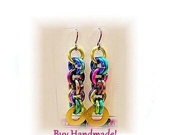 Colorful Chainmaille Earrings, Lightweight Chain Dangles, Niobium Ear Wires, E2010-35