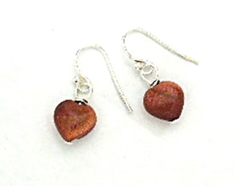 Goldstone Heart Earrings, Short Drop Dangles, Ladies Dainty Jewelry - E2021-05