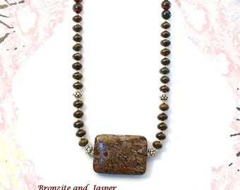 Bronzite Jasper and Silver Necklace for Women, Brown Stone Necklace, 2nd Chakra Jewelry, Leo Birthday - N2012-07