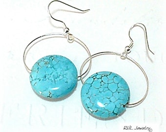 Turquoise Hoop Earrings, Silver and Turquoise Earrings, Sterling Silver Earrings, E2017-13