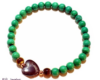 Malachite Bracelet, Green Beaded Stretch Bracelet, Meditation Yoga Bracelet with Heart