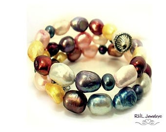 Pearl Bracelet, Colorful Potato Pearls, Memory Wire Wrap,  Pearl Gifts, Memory Wire Coil B2017-03