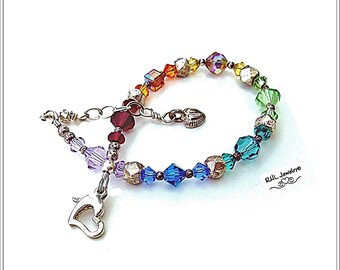 Seven Chakra Bracelet, Crystal with Sterling Silver Heart Charm - B0906-02