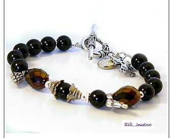 Beaded Angel Bracelet and Earrings Gift Set, Black Sun Catcher, Believe Charm - B2013-06 E2013-04