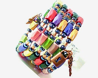 Bright Colorful Magnetic Wrap Bracelet with Dragonfly Charm, Memory Wire for Women