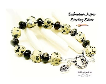 Dalmatian Jasper Root Chakra Bracelet, Sterling Silver Toggle Clasp, Heart Charm, Ladies Average,