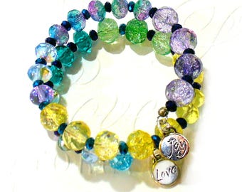 Crystal Memory Wire Bracelet, Pastel No Clasp Chunky Wrap with Charms - E2021-07