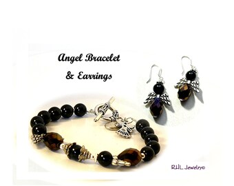 Black Beaded Angel Bracelet and Earrings, Angel Lover Gift Set, Angel Car Charm, Sun Catcher, Believe Charm, B2013-06 E2013-04